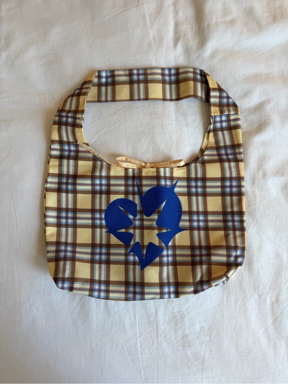 Plaid Yellow Tote with Blue Heart Graphic